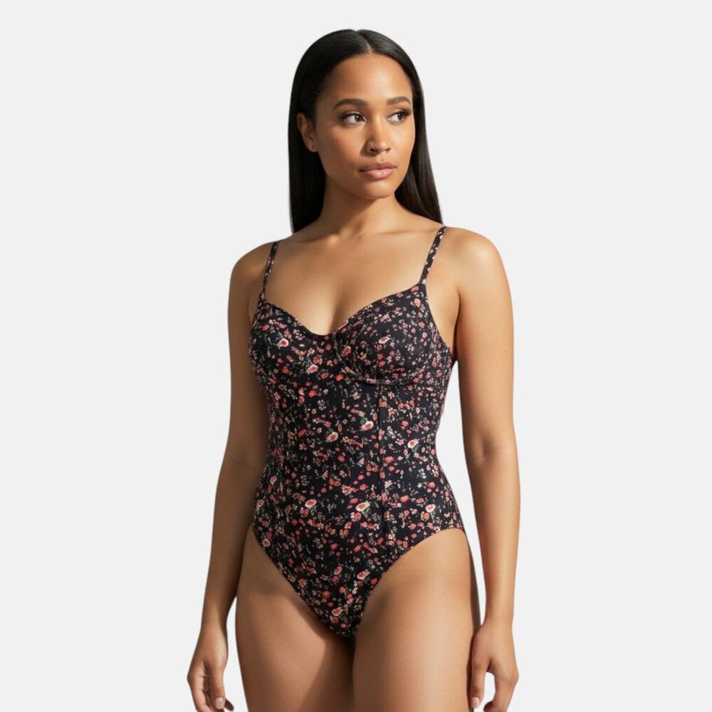 Black Boho Floral Print Spaghetti Straps Bodysuit